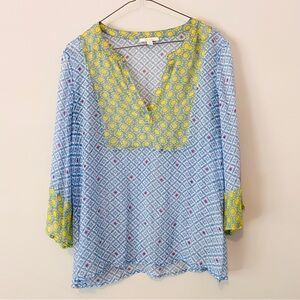 Ella Moss Baby Blue and Yellow Sheer Blouse | large | Bathing Suit Coverup